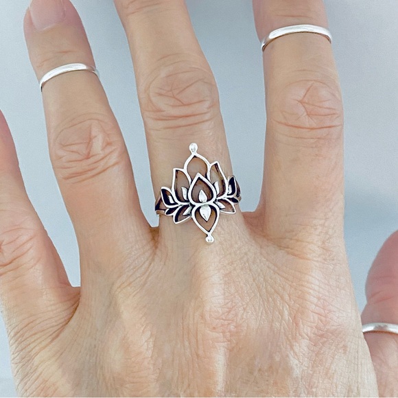 Sterling Silver Thin Vintage Style Lotus Flower Ring, Silver Rings, Yoga Jewelry - Picture 9 of 12